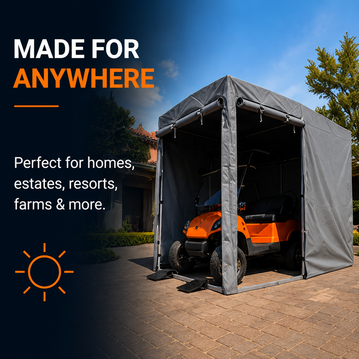 CoverTech SA portable golf cart shelter — powder-coated aluminium frame and PVC canvas